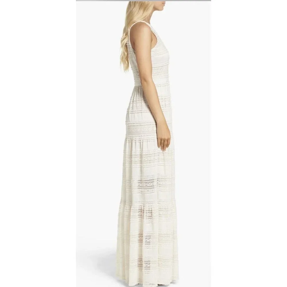 Eliza J Womens Lace Tiered Ivory Maxi Dress Boho Cottagecore Sz 12 - Picture 4 of 10